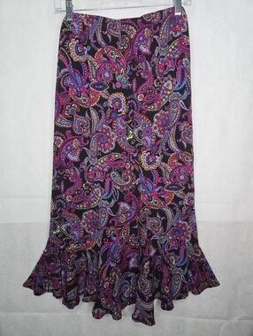 White Stag Peasant Midi Skirt Purple Boho Paisley Ruffle Hem Elastic Waist Large